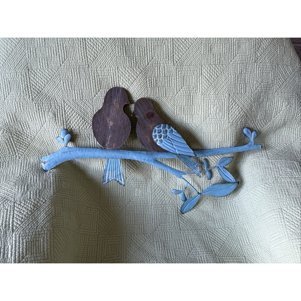 Vtg Rustic Wood&Metal Love Birds on Branch Wall Art Blue Distressed 25" Folk Art